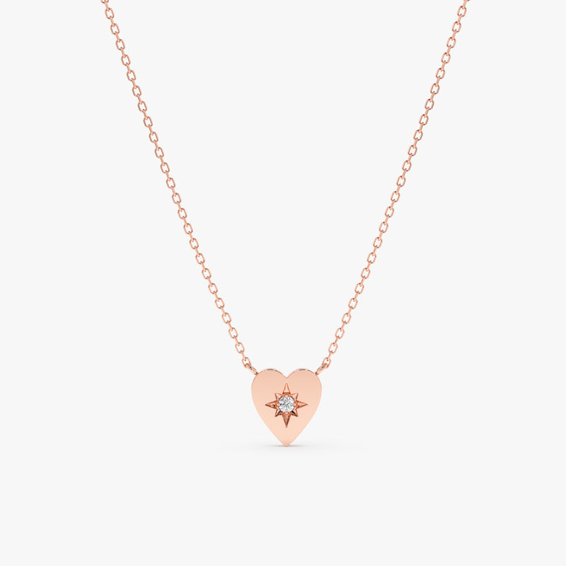 handmade solid rose gold heart pendant necklace with single white diamond
