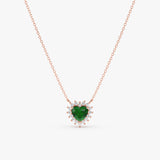 18k rose gold dainty necklace with heart emerald and white diamond halo 