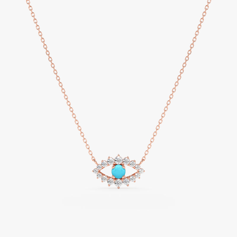 solid 14k rose gold diamond eye pendant with turquoise stone 