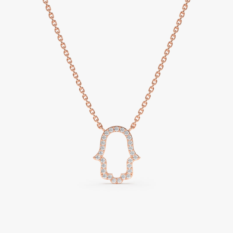 handcrafted 14k rose gold necklace with diamond hamsa hand pendant