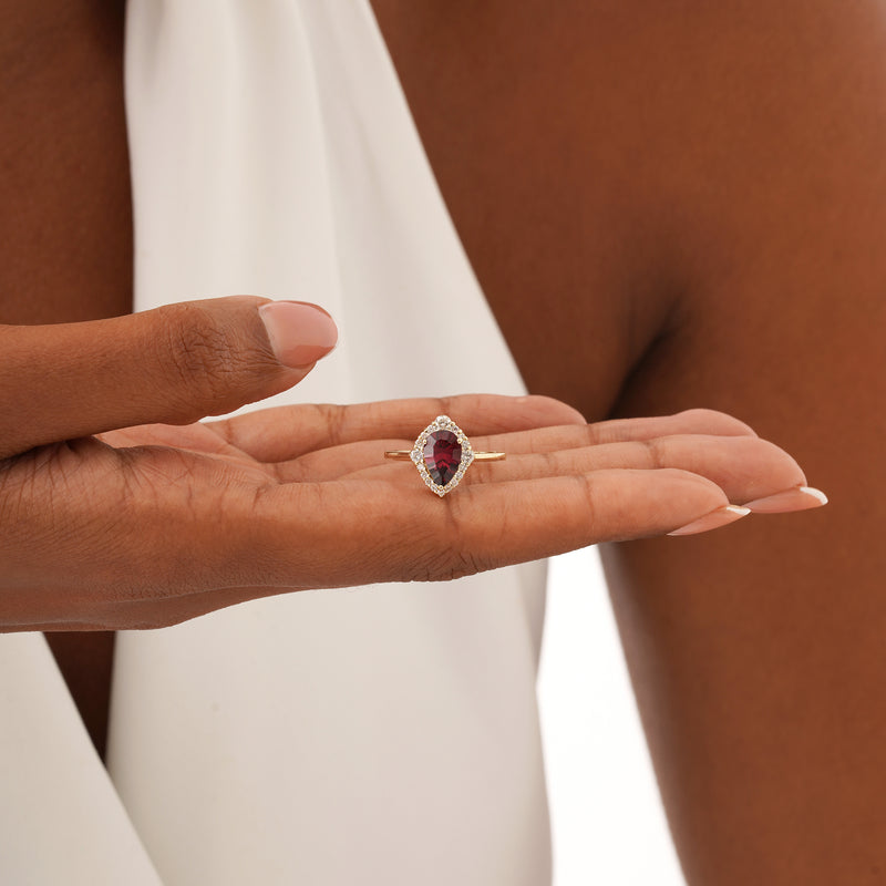 Pear Shape Garnet with Diamond Halo Ring, Orelina