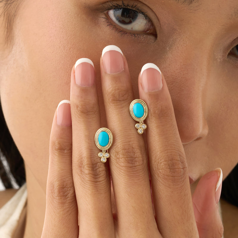 Oval Turquoise & Diamond Cluster Drop Earrings, Calithea