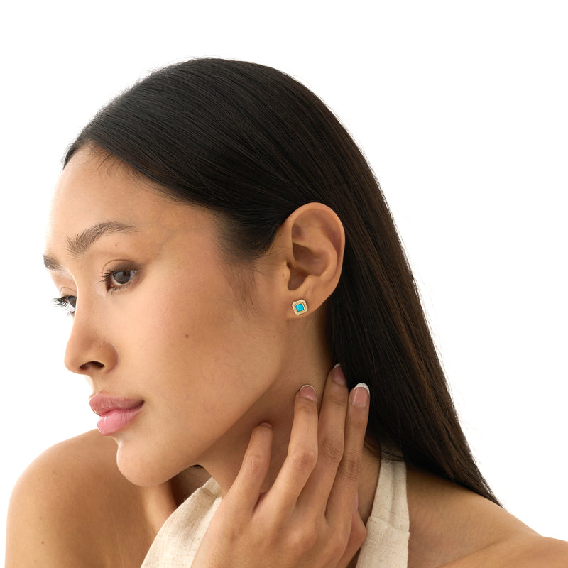 Turquoise & Natural Diamond Halo Stud Earrings, Evienne