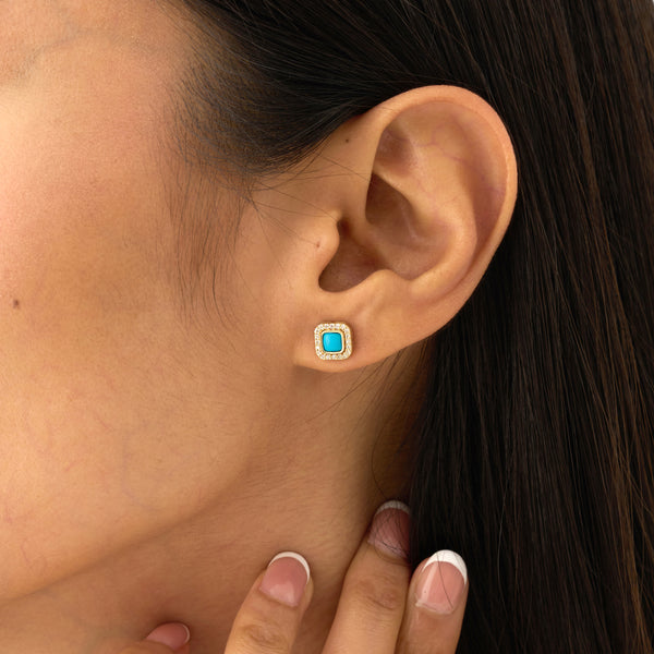 Turquoise & Natural Diamond Halo Stud Earrings, Evienne