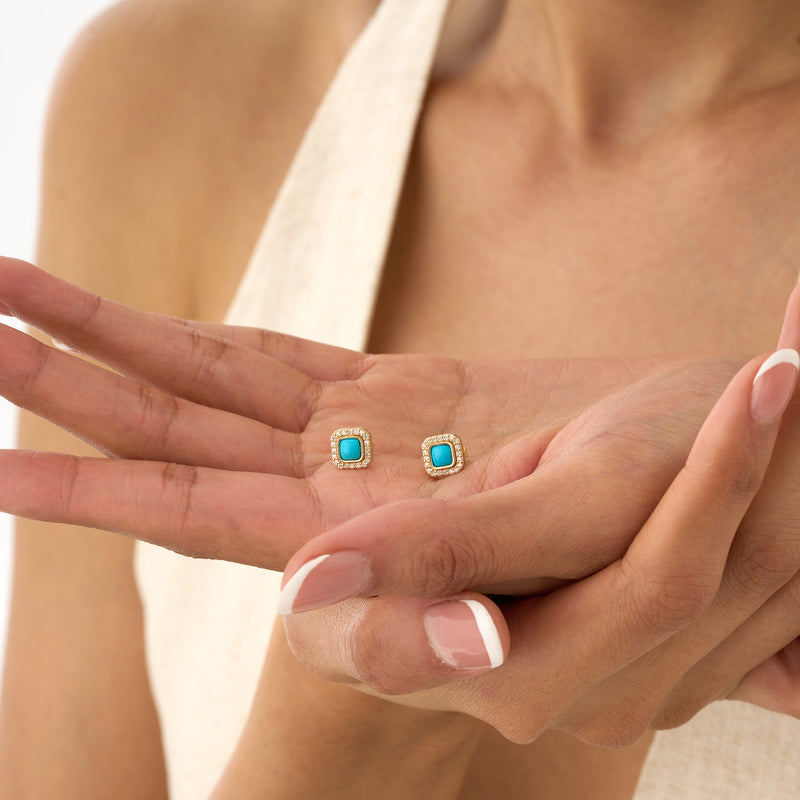 Turquoise & Natural Diamond Halo Stud Earrings, Evienne