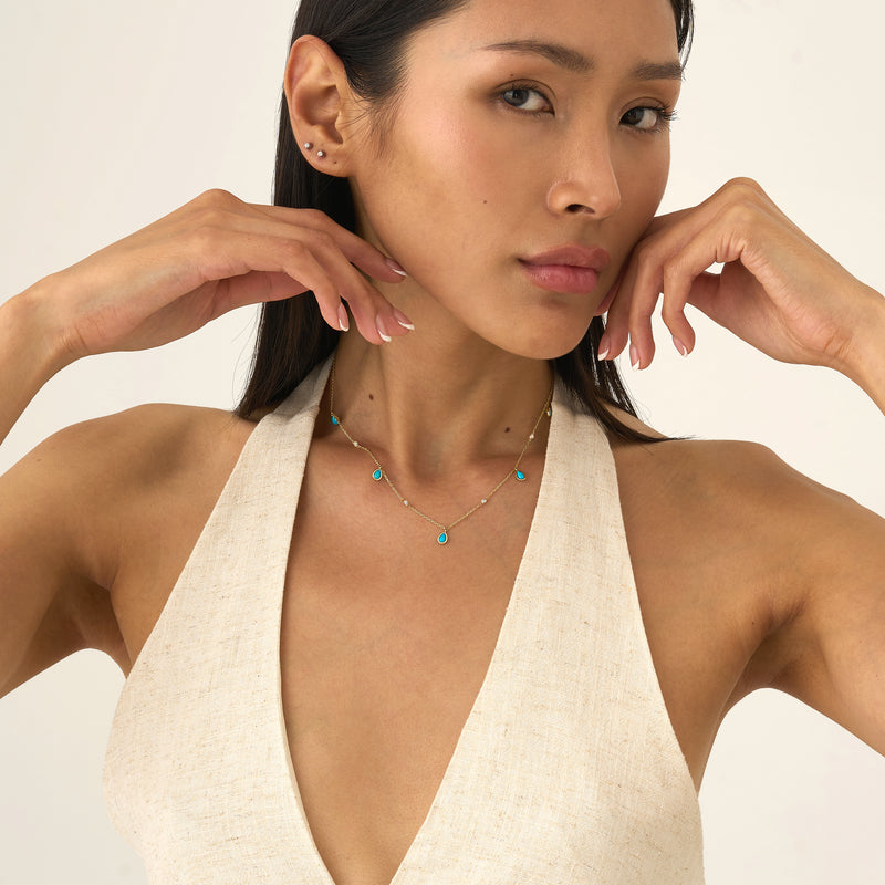 Turquoise & Diamond Dangle Station Necklace, Caelia