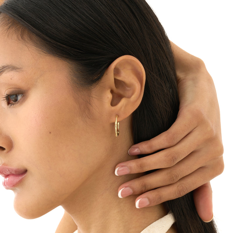 Gold Wavy Hoop Earrings, Bamboo Design, Queniva