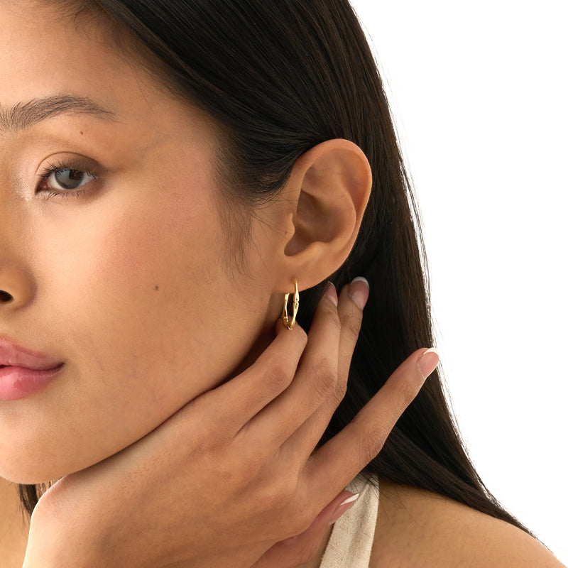 Gold Wavy Hoop Earrings, Bamboo Design, Queniva