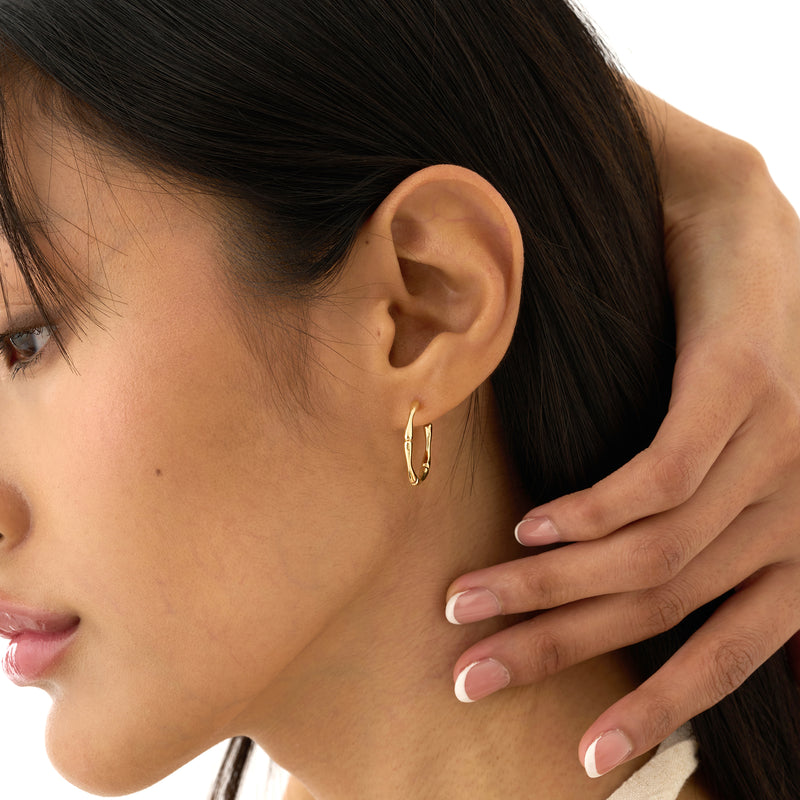 Gold Wavy Hoop Earrings, Bamboo Design, Queniva