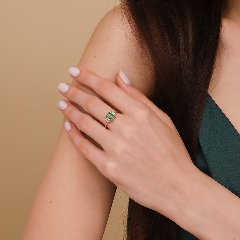 handcrafted, dainty natural emerald and diamond band