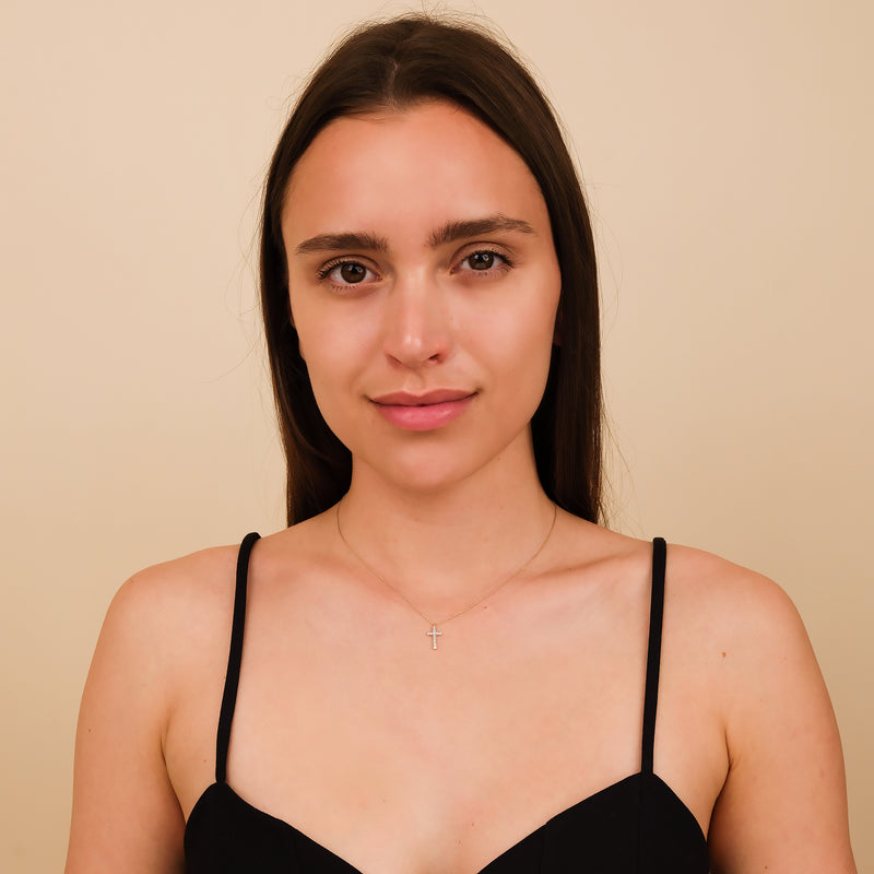 petite solid gold necklace with natural diamond cross pendant for her