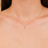 dainty diamond paved cross pendant in solid gold necklace