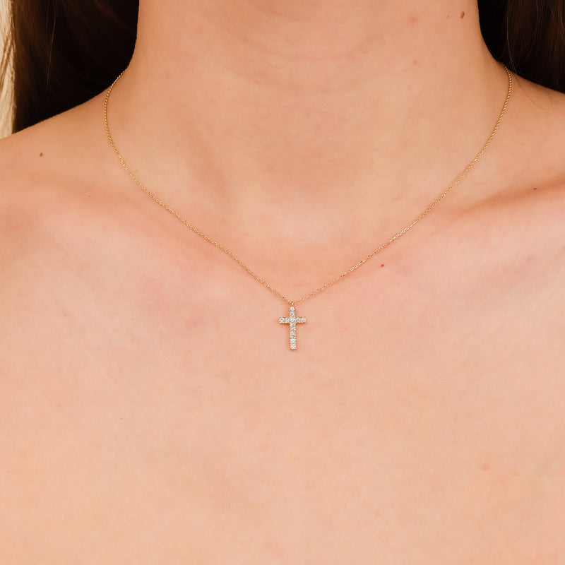 dainty diamond paved cross pendant in solid gold necklace