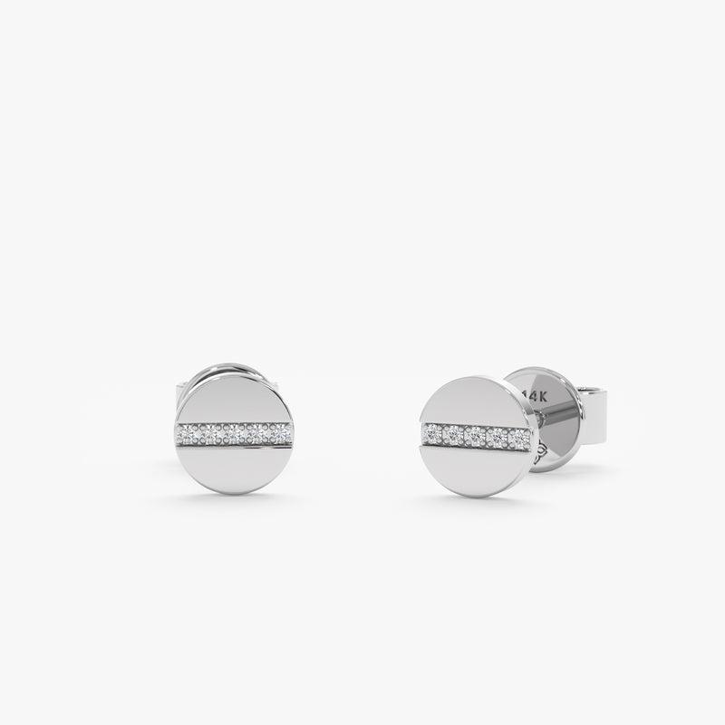 Pair of handmade 14k solid white gold flat stud earrings with lined paved diamonds