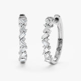 Pair of handmade 14k solid white gold earring hoops with stacked baguette diamonds