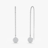 Pair of threader earring in 14k solid white gold with paved diamond disc 