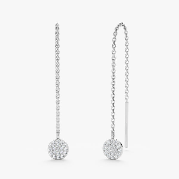 Pair of threader earring in 14k solid white gold with paved diamond disc 