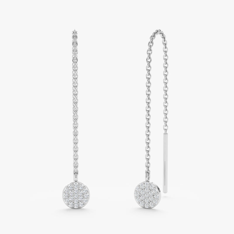 Pair of threader earring in 14k solid white gold with paved diamond disc 