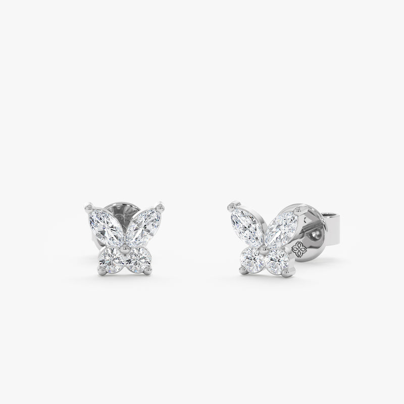 handmade pair of solid 14k white gold marquise diamond butterfly stud earrings