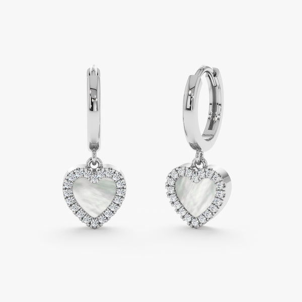 dangling pearl hearts on white gold huggies