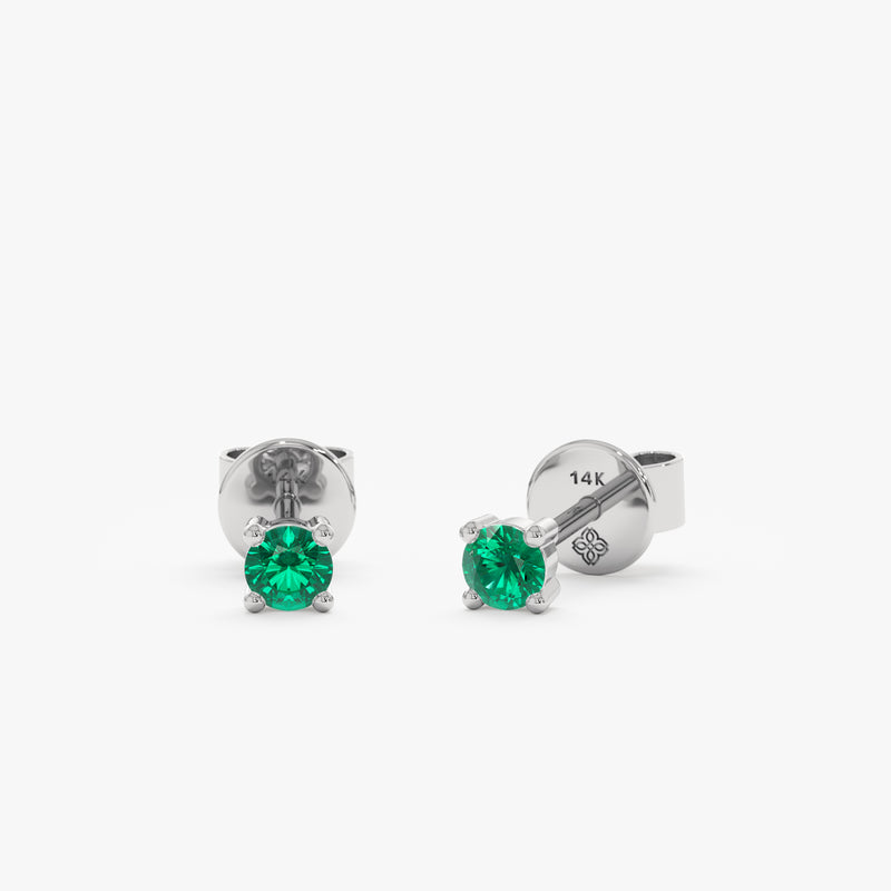 Minimalist handmade emerald green studs in 14k white silver gold 