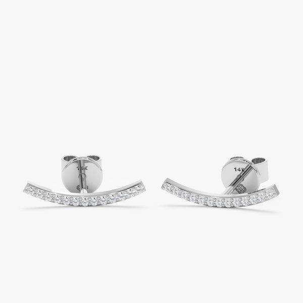 handcrafted solid white gold curved diamond lined bar studs