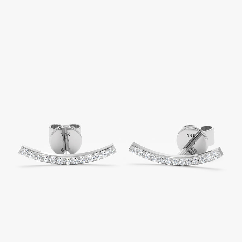 handcrafted solid white gold curved diamond lined bar studs