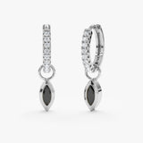Pair of marquise cut black diamond charm hanging huggie in 14k white gold. 
