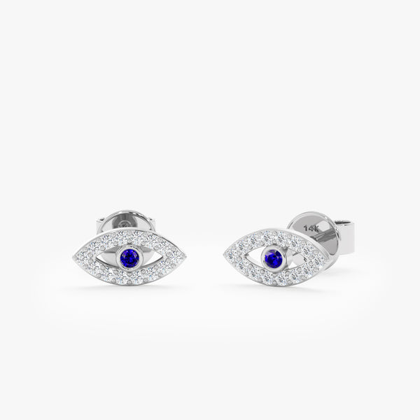 handmade solid 14k white gold eye shape diamond sapphire studs