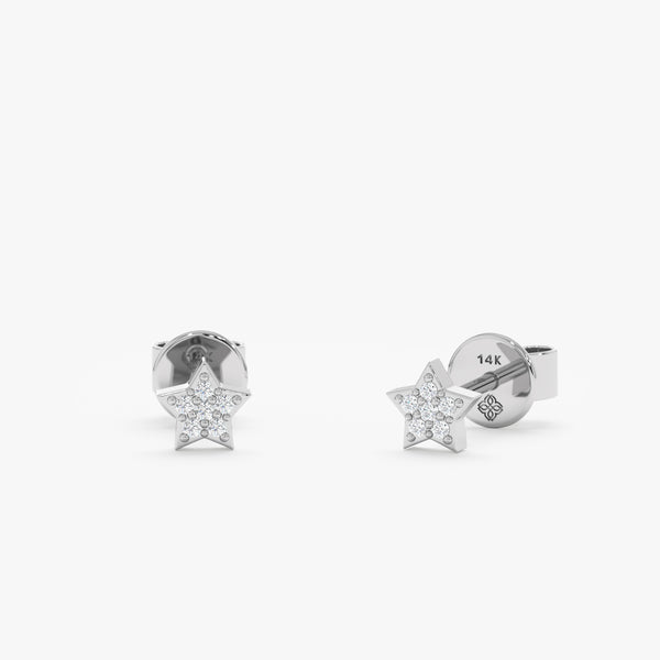 handmade solid 14k white gold minimalistic star studs with paved diamonds