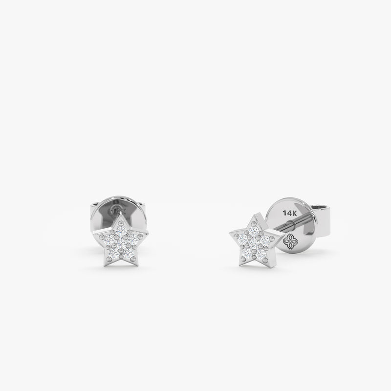 handmade solid 14k white gold minimalistic star studs with paved diamonds