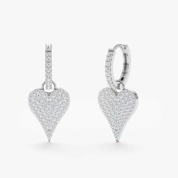 Handcrafted pair of paved diamond heart hanging hoop earrings