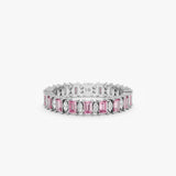 white diamond and baguette pink sapphire on white gold ring