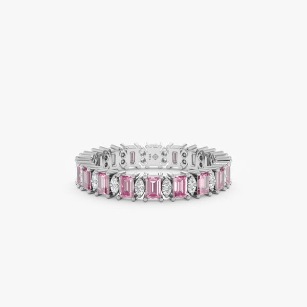 white diamond and baguette pink sapphire on white gold ring