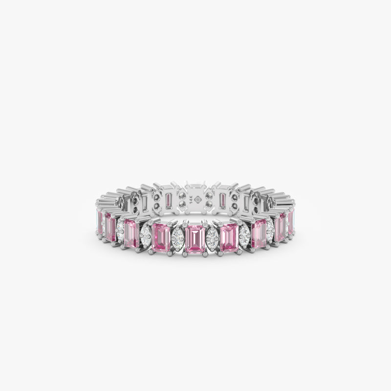 white diamond and baguette pink sapphire on white gold ring
