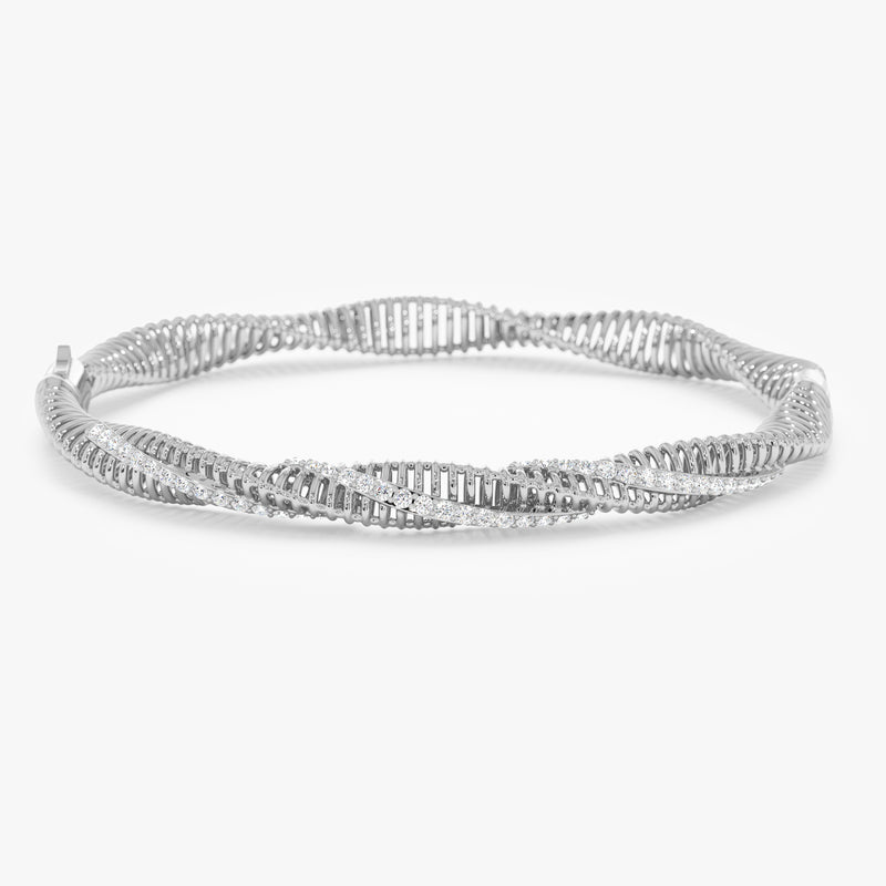 Solid White Gold Ribbed Bracelet with Diamonds