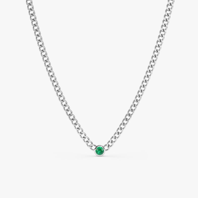 white gold cuban chain natural emerald necklace