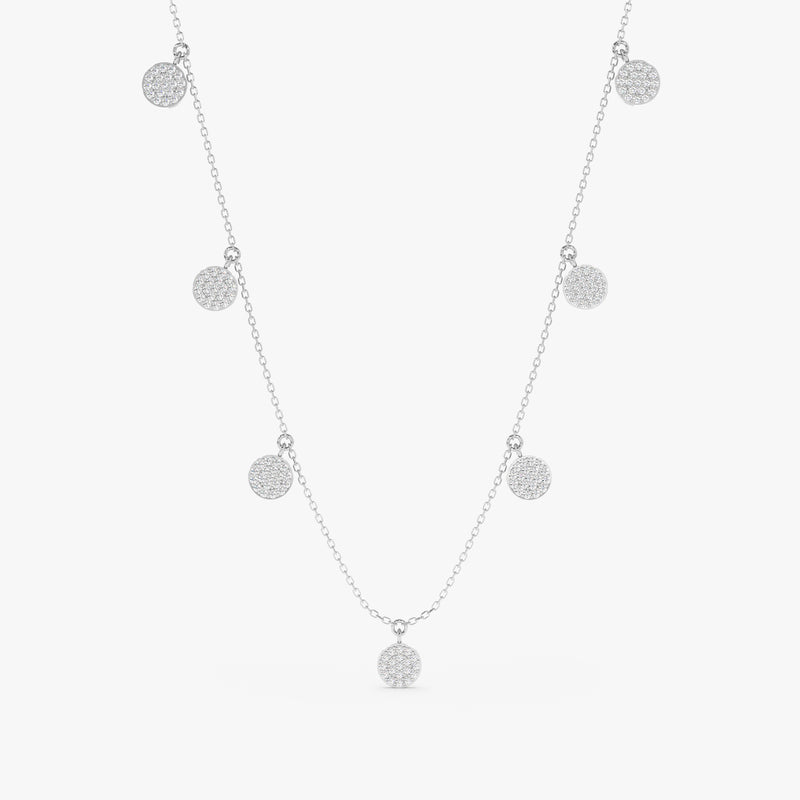 handmade solid white gold necklace with multiple hanging diamond coin charms 