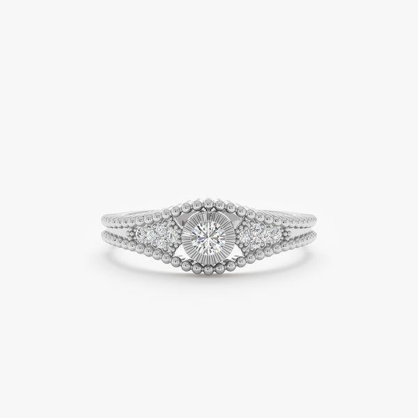 14k white gold diamond ring with beaded accents