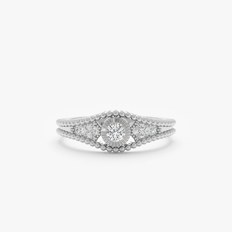 14k white gold diamond ring with beaded accents