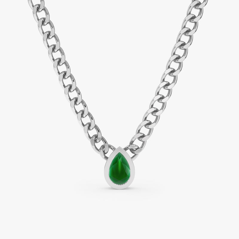 14k white gold may birthstone emerald pendant cuban chain necklace