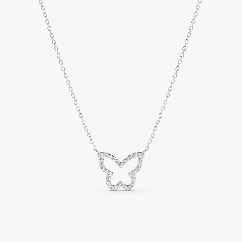 solid white gold butterfly cutout necklace with lined natural diamonds 