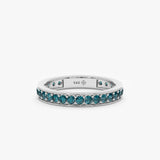 14k white gold eternity band with round teal blue sapphires 