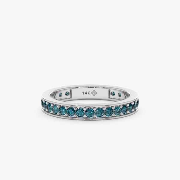 14k white gold eternity band with round teal blue sapphires 