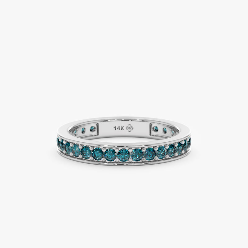 14k white gold eternity band with round teal blue sapphires 