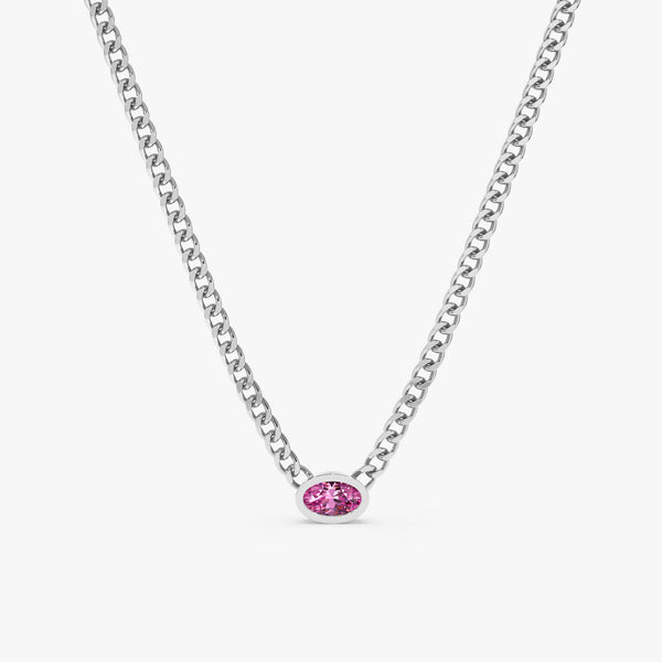 14k white gold pink sapphire bezel pendant on cuban chain