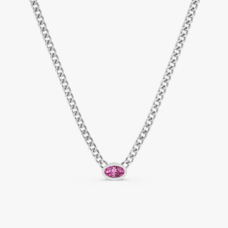 14k white gold pink sapphire bezel pendant on cuban chain