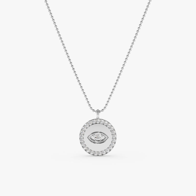 handmade solid white gold eye medallion pendant with ball chain