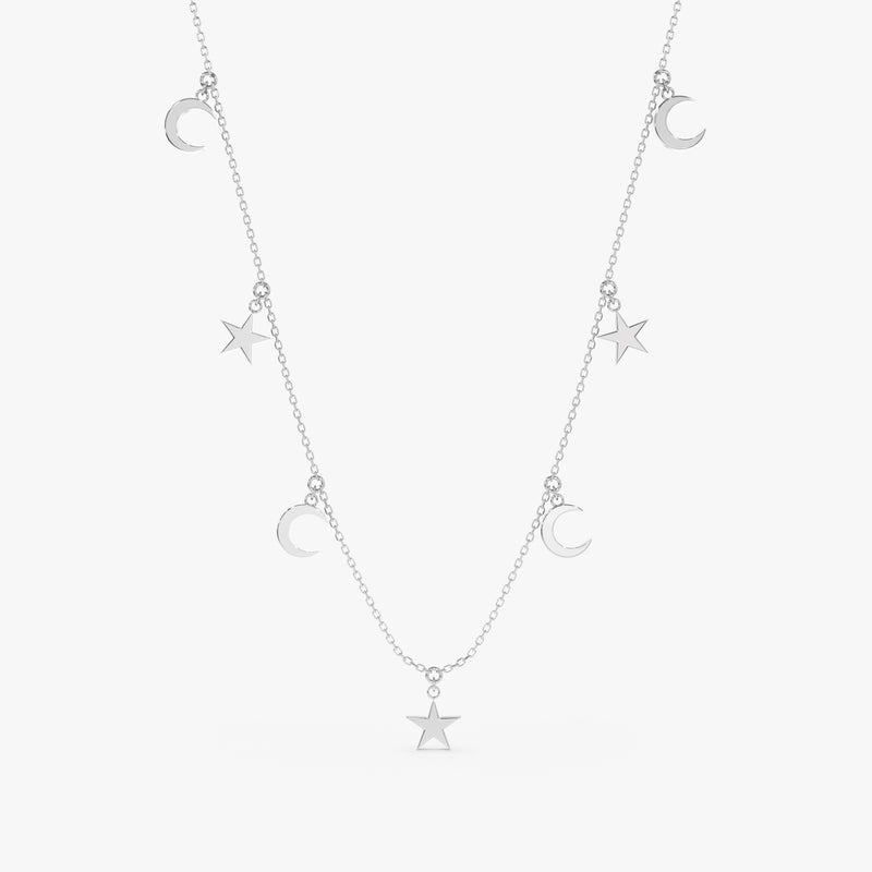 handcrafted solid white gold moon and star charms necklace