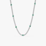 solid 14k white gold natural emerald station cuban chain necklace